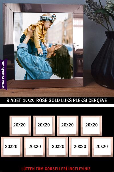 yhfoto 9 Pieces 20X20 Rose Gold Mirror Plexi Frame - Luxury Plexiglass Frame - Rose Frame - Square Frame