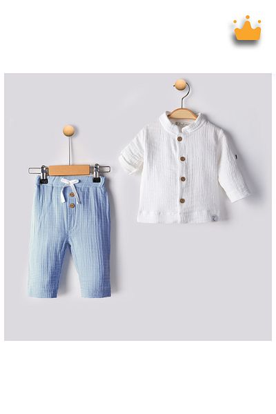 Babydola Baby Boy Holiday Suit Blue 2 Grains 0-2 Years Old 100% Cotton Muslin Shirt Pants