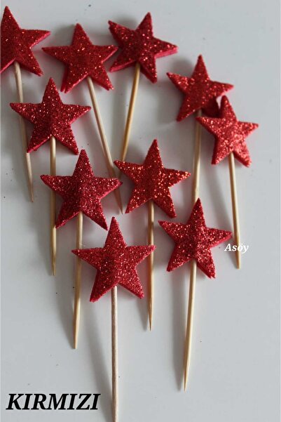 asöy Kırmızı Kürdan Yıldız Simli Eva 10 adet  Cupcake Süsleri 3 Cm