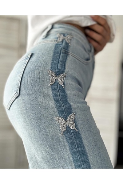 ADA MODA Blugi evazați elastici, accesorizați cu fluturi cu strasuri pe lateral