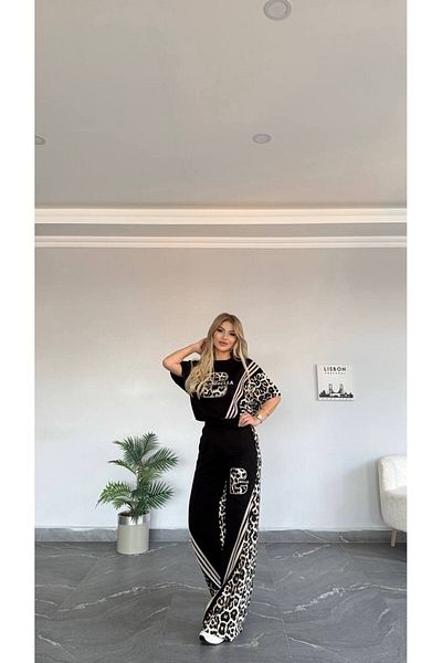 bonibon butikk Women's New Season High Quality Leopard Patterned Top and Bottom Set
