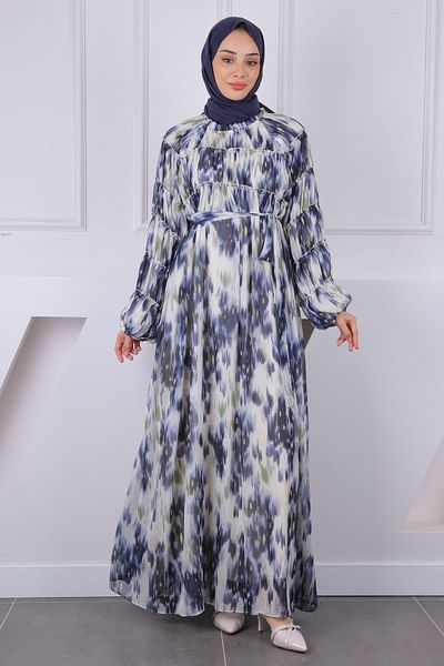 İmajButik Φόρεμα σιφόν με μοτίβο με μπλε ζωνάκι