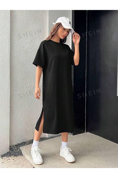VB Steel Women's Black Single Jersey Fabric Long Oversize Slit Dress