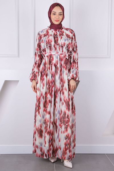 İmajButik Φόρεμα σιφόν με μοτίβο με μπορντό ζώνη