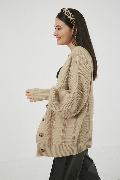 Nazende Stil Beige gestrickte, gemusterte Freizeit-Cardigan für Damen