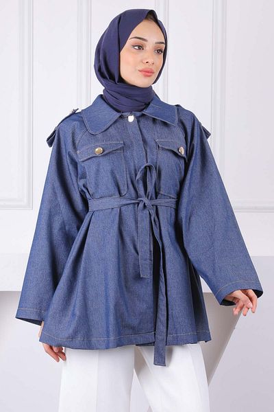 İmajButik Μπουφάν με διπλή τσέπη με ζώνη Navy Blue
