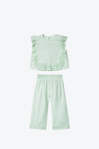 Next Baby Little Twins Cotton Mint Green Laced Linen Short Sleeve Bottom Top Set