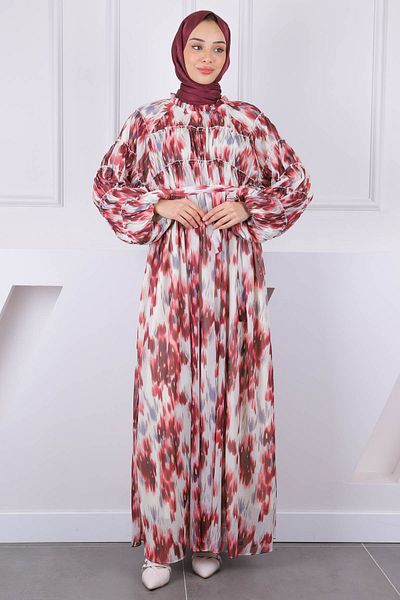 İmajButik Φόρεμα σιφόν με μοτίβο με μπορντό ζώνη