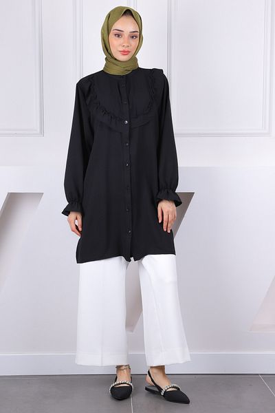 İmajButik Black Ruffled Front Ayrobin Tunic