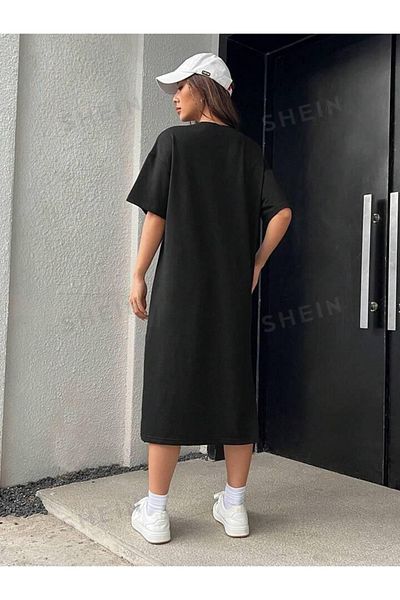 VB Steel Women's Black Single Jersey Fabric Long Oversize Slit Dress