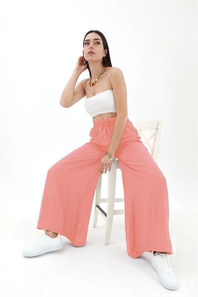 GIDY Wide Belt Wide Leg Straight Linen Women's Trousers - Coral