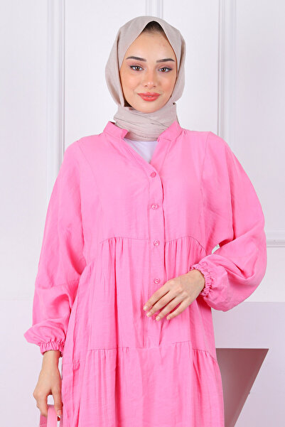 İmajButik Ροζ φόρεμα με μισό κουμπί