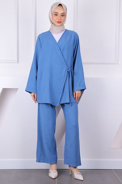 İmajButik بدلة كيمونو مربوطة من الأمام باللون النيلي مع بنطلون
