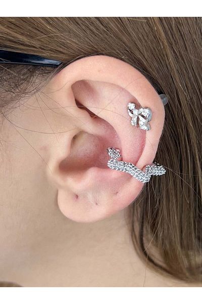 Neon Takı by Atalay Sensitivity Sticker and Zircon Stone, Star Model, Ear Cartilage Area Earrings 432, Silver Color