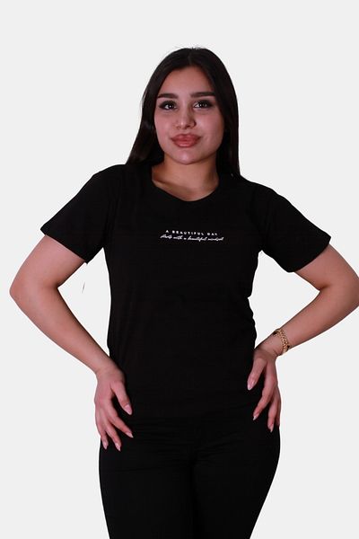 trender Tricou negru pentru femei A Beautiful Day Print Slim Fit