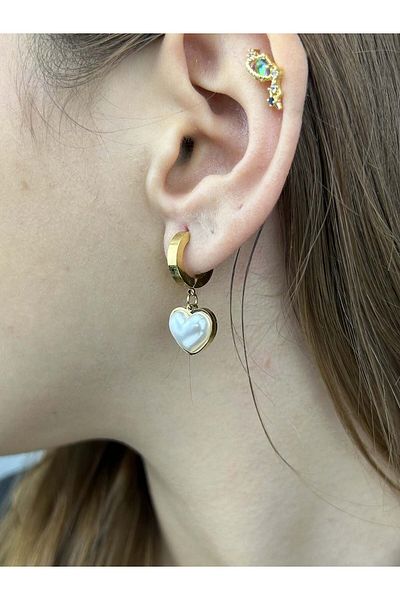 Neon Takı by Atalay Receptivity Tag, Heart with Dangle Pearl and Stainless Steel Earrings 12 Carat Gold