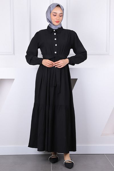 İmajButik Μαύρο φόρεμα με ελαστική μέση με ζώνη