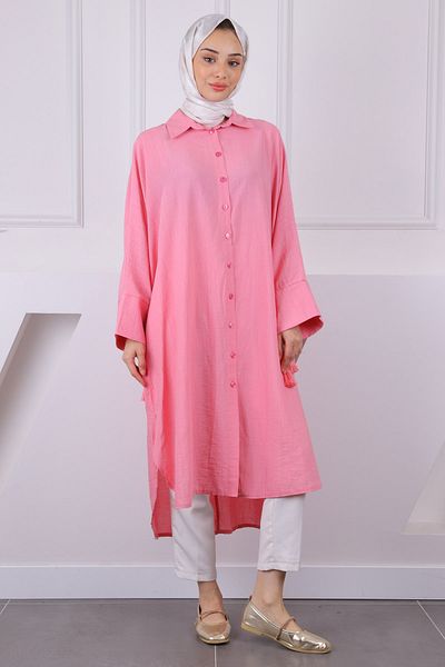İmajButik Pink Bat Sleeve Tunic with Tassel Detail