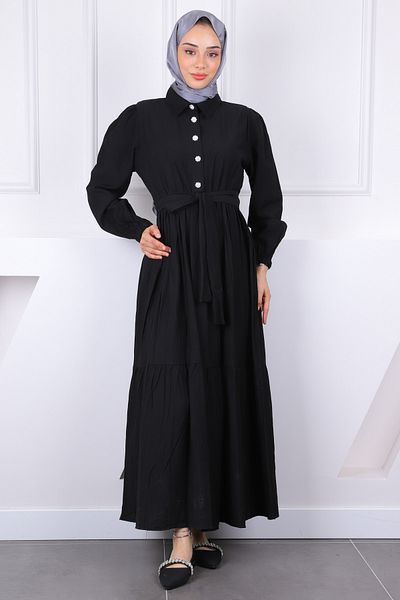 İmajButik Μαύρο φόρεμα με ελαστική μέση με ζώνη