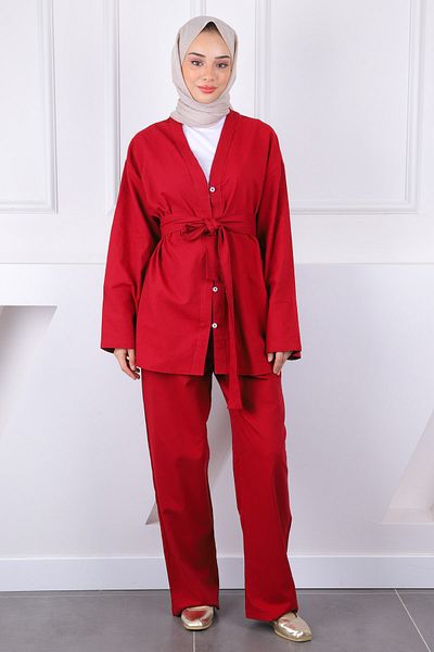 İmajButik Burgundy Belted Kimono Pants Suit