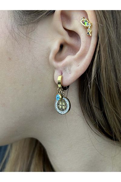 Neon Takı by Atalay Receptivity Tag and Xxx Zircon Stone, Eye and Clover, Dangle Stainless Steel Earrings 81 Gold Color
