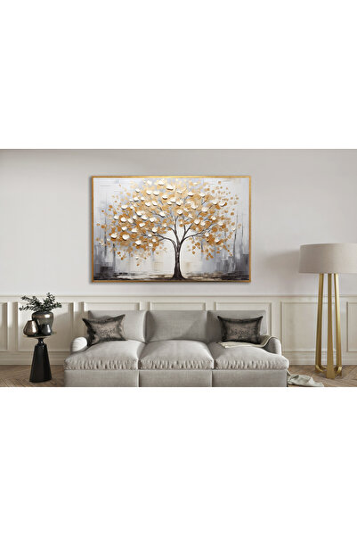 Tablosan Yağlı Boya Dokulu Tablo Sonbahar Sararmış Tek Ağaç Altın Çerçeveli