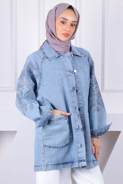 İmajButik Τζιν μπουφάν με κέντημα με παγιέτες γαλάζιο