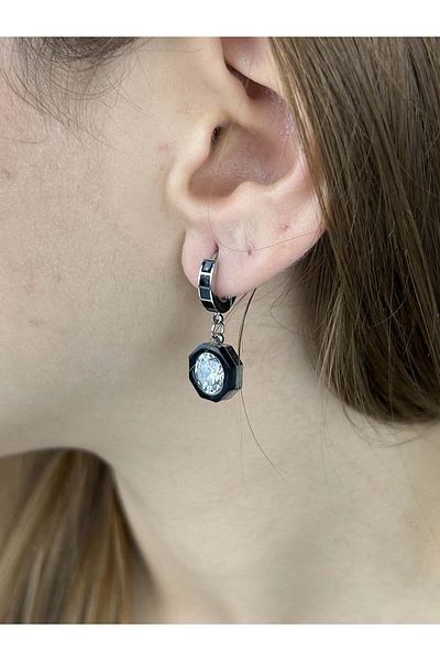 Neon Takı by Atalay Dangle Tiff Model Earrings - Sensibility Tag and Zircon Stone, Stainless Steel 75 Silver