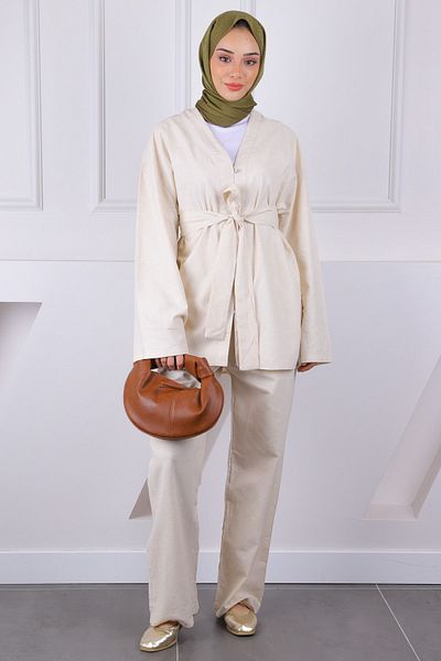 İmajButik Beige Belted Kimono Pants Suit