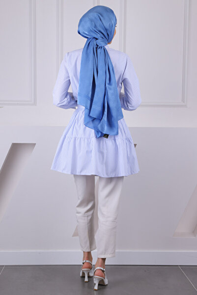 İmajButik White Blue Judge Collar Striped Poplin Tunic