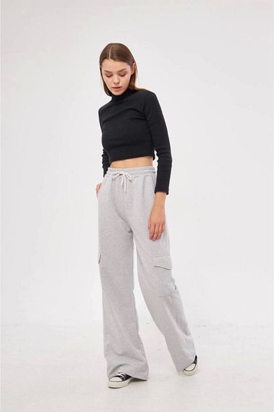 Vogueway Palazzo Cutout - Wide Leg Sweatpants Pantalon with Two Thread Cargo Pockets - Grey