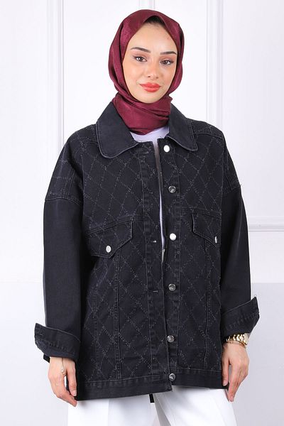 İmajButik Μαύρο τζιν μπουφάν με κοπή λέιζερ