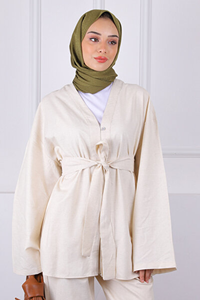 İmajButik Beige Belted Kimono Pants Suit