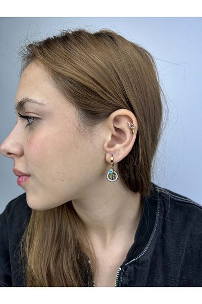 Neon Takı by Atalay Receptivity Tag and Xxx Zircon Stone, Eye and Clover, Dangle Stainless Steel Earrings 81 Gold Color