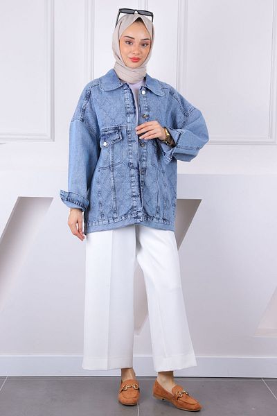 İmajButik Μπλε τζιν μπουφάν με λέιζερ