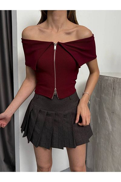 İLKCET MODA Οθωμανική μπλούζα με γιακά Madonna με φερμουάρ