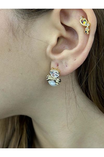Neon Takı by Atalay Sensitivity Tag and Zircon Stone, Pearl, Heart and Ribbon, Steel Earrings 556, Case Gold Color