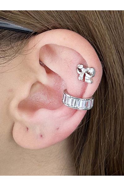 Neon Takı by Atalay Sensitivity Sticker and Zircon Stone, Ear Cartilage Area Earrings 326, Silver Color