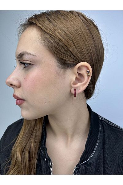 Neon Takı by Atalay Sensitivity Tag and Claret Red, Ring Model, Stainless Steel Earrings 573, Case Gold Color