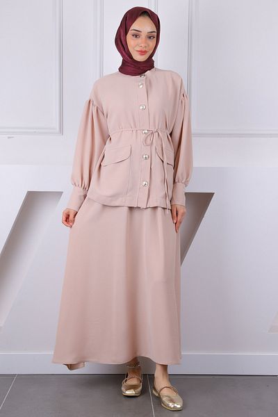 İmajButik Μπεζ Κοστούμι Μαζευμένο Μανίκι Μπουφάν με Φούστα