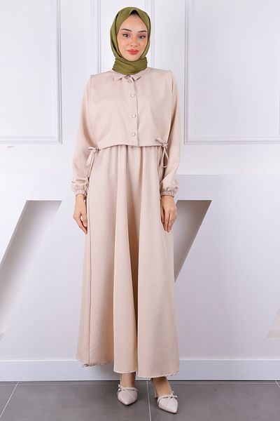İmajButik Σετ Μπεζ Πουκάμισο Μπλουζάκι Φόρεμα Συνδυασμός