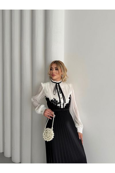 1Moda1Tarz Γυναικείο εισαγόμενο ασημί Yoryo σιφόν ύφασμα δαντέλα Λεπτομερές πλισέ με κορδέλα με επένδυση ειδικού σχεδίου