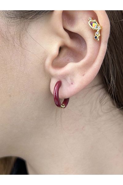 Neon Takı by Atalay Sensitivity Tag and Claret Red, Ring Model, Stainless Steel Earrings 573, Case Gold Color