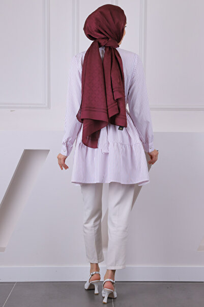 İmajButik Burgundy Judge Collar Striped Poplin Tunic