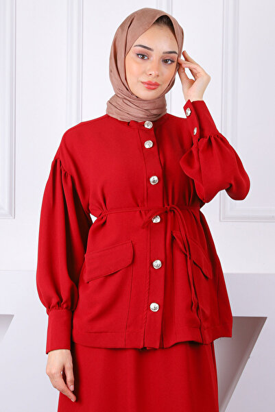 İmajButik Burgundy Sleeve Gathered Jacket Skirt Suit