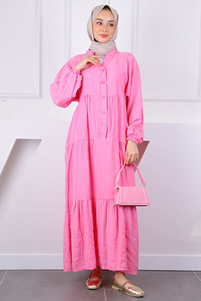 İmajButik Ροζ φόρεμα με μισό κουμπί