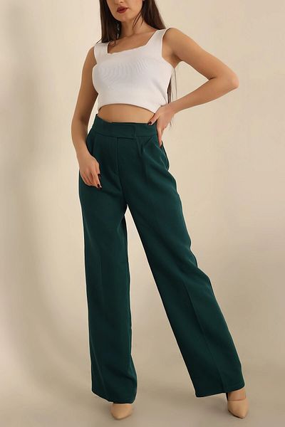 TETYS Emerald Green Women's High Waist Pleated Velcro Palazzo Trousers