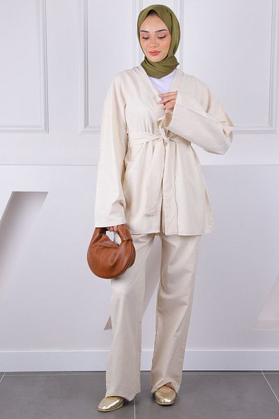 İmajButik Beige Belted Kimono Pants Suit