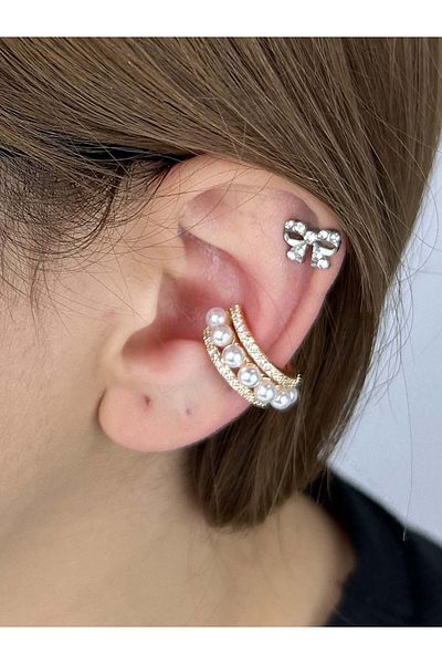 Neon Takı by Atalay Reactivity Sticker and Zircon Stone and Pearl, Ear Cartilage Bijouterie Earrings 511, Gold Color