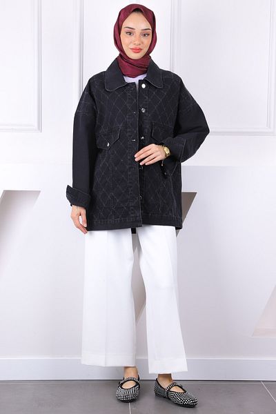 İmajButik Μαύρο τζιν μπουφάν με κοπή λέιζερ